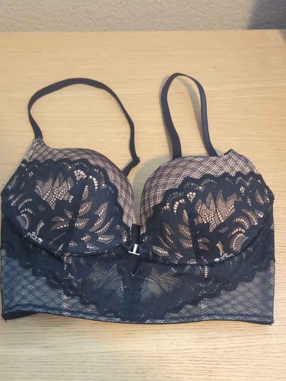Adore Me Black Lace Longline Push-Up Bra with Nude Lining